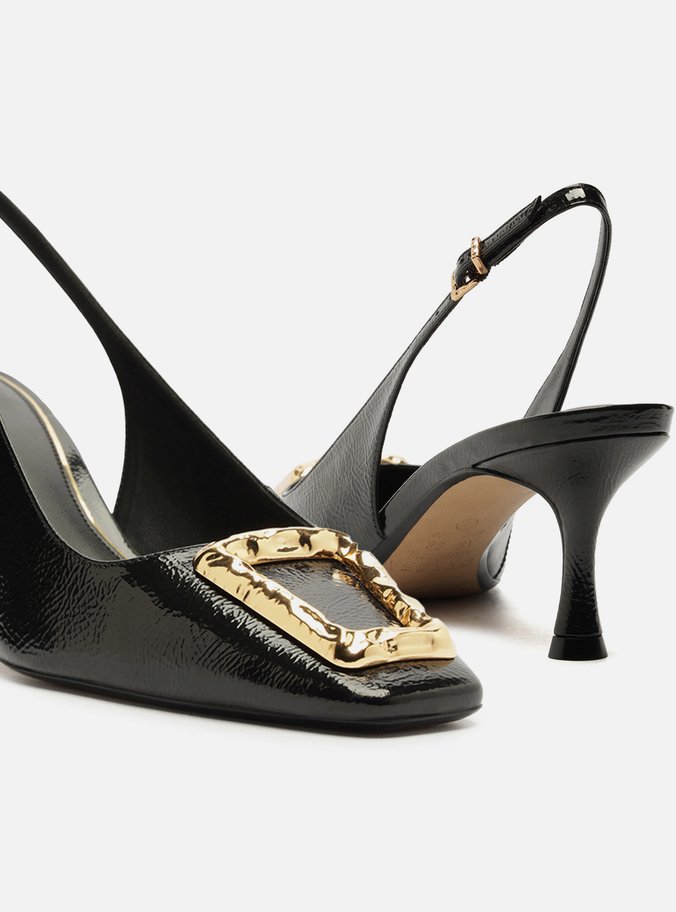 Scarpin Preto Slingback Salto Médio Verniz