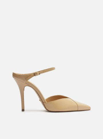 Mule Bege Couro Salto Alto Tira Instep