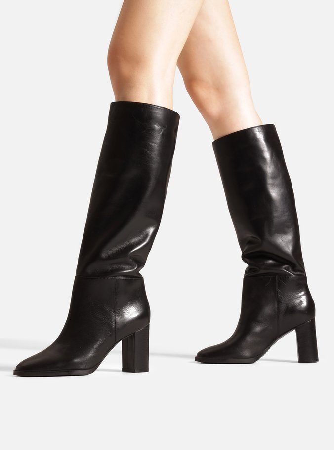 Bota Preta Couro Cano Longo Salto Médio Bloco