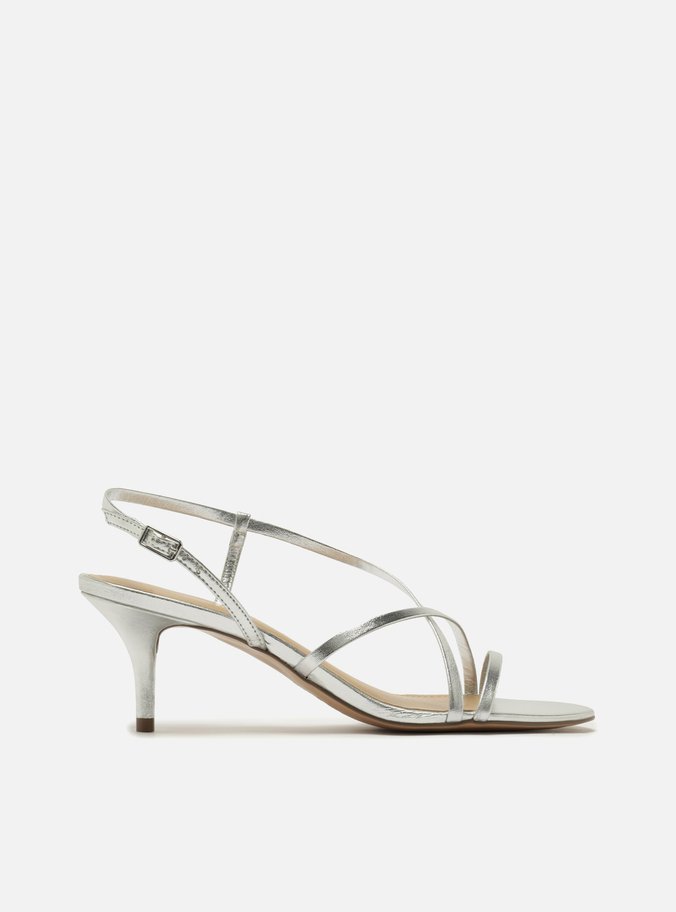 Sandália Prata Salto Médio Tiras Finas Cruzadas