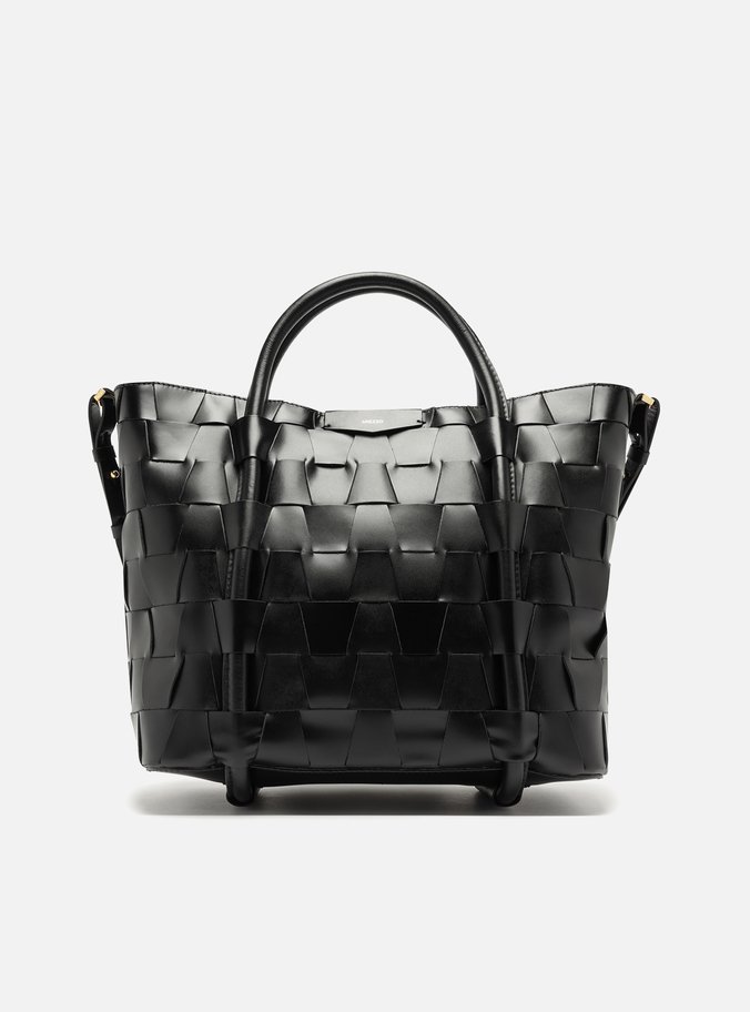 Bolsa Tote Preta Couro Grande Tressê Geométrico