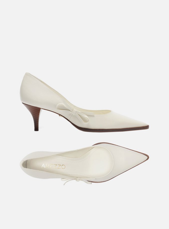 Scarpin Branco Couro Salto Kitten Laço