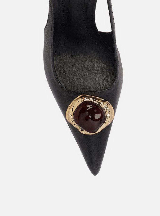 Scarpin Preto Couro Salto Alto Slingback Pedraria