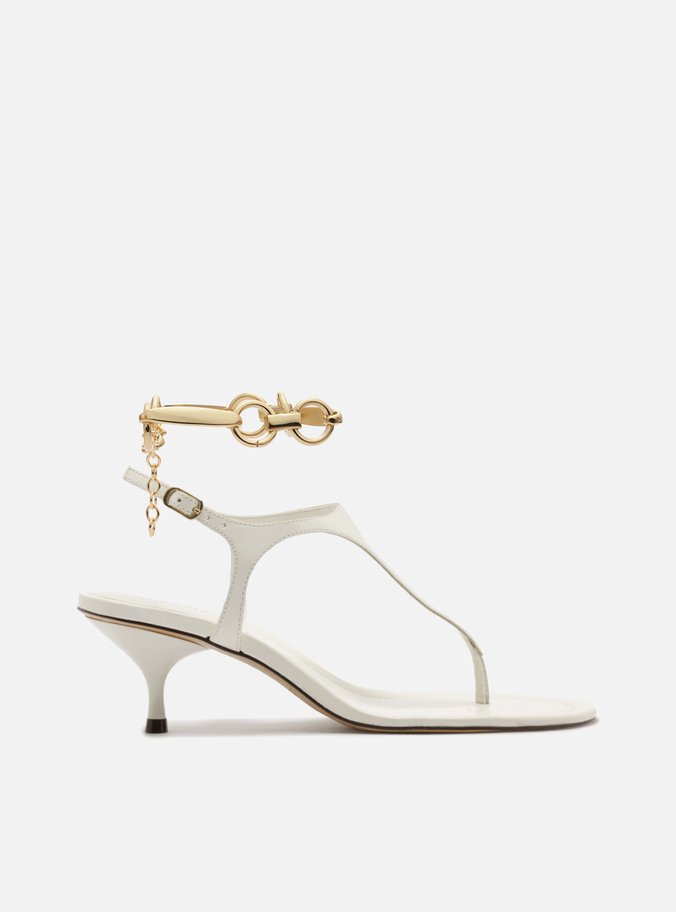 Sandália Off White Couro Salto Kitten Thong Tornozeleira