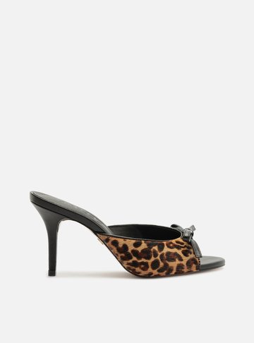 Arezzo — Mule Animal Print Pelo Salto Médio Fino Laço