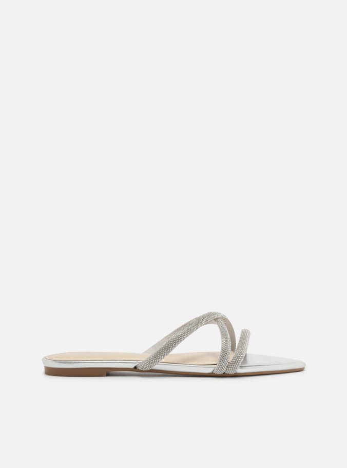 Rasteira Prata Flat Bico Folha Tiras Strass