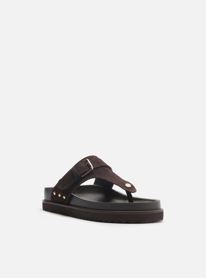 Sandália Papete Marrom Suede Tira Fivela