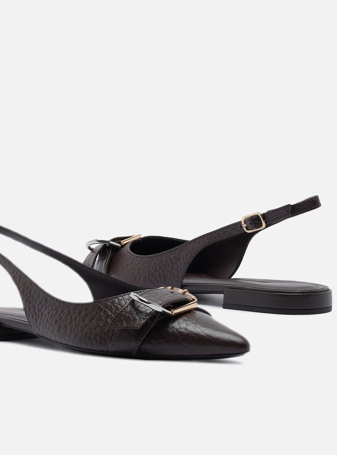 Sapatilha Marrom Couro Textura Slingback Fivela