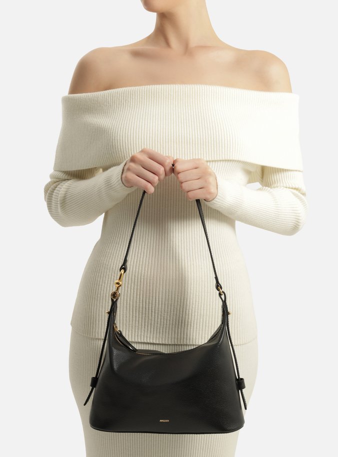 Bolsa Hobo Preta Couro Média Metal Alça