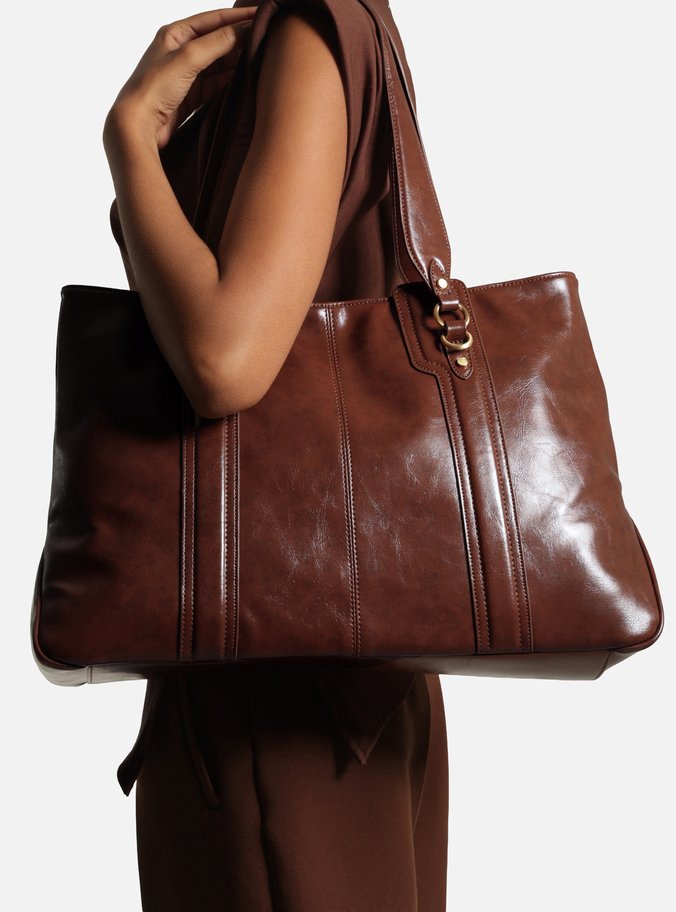 Bolsa Shopping Marrom Média Metais Dourados