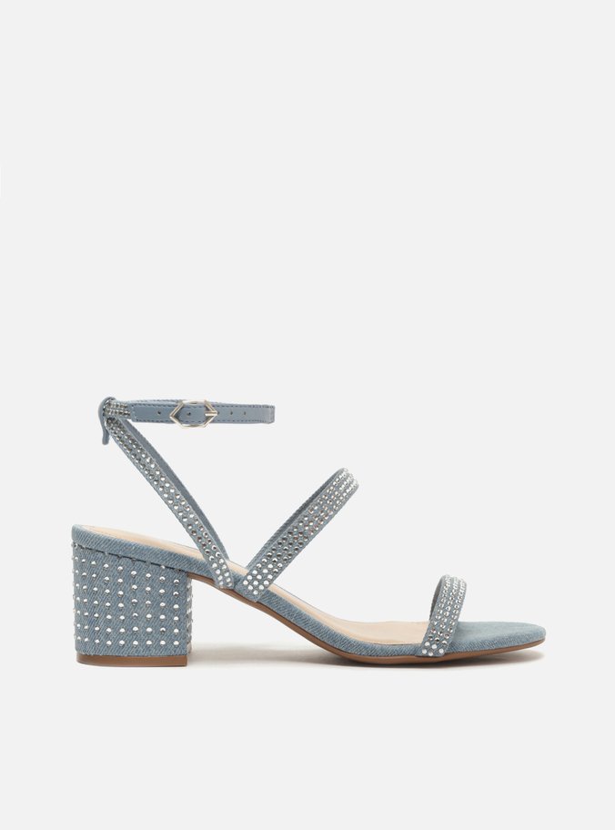 Sandália Azul Jeans Salto Bloco Strass