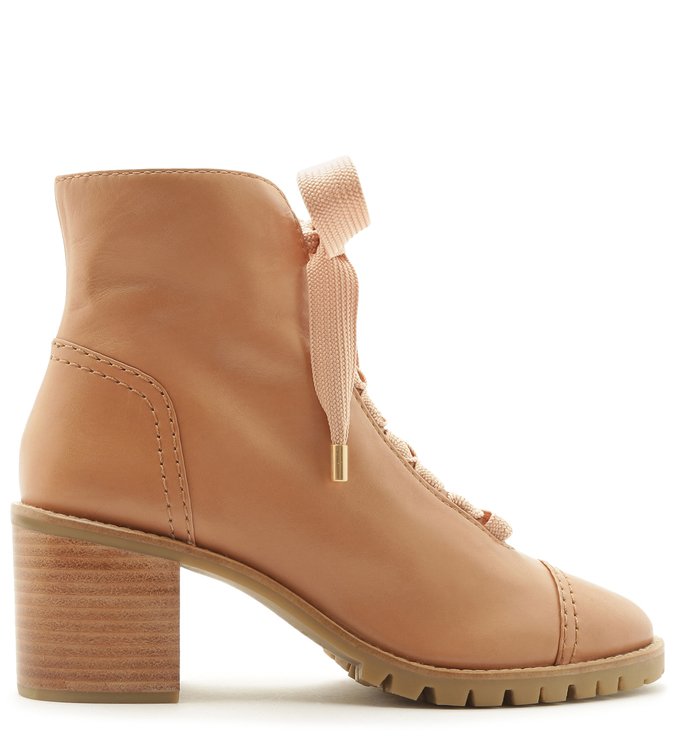 Bota Coturno Bege Couro Tratorada Amarração Lace