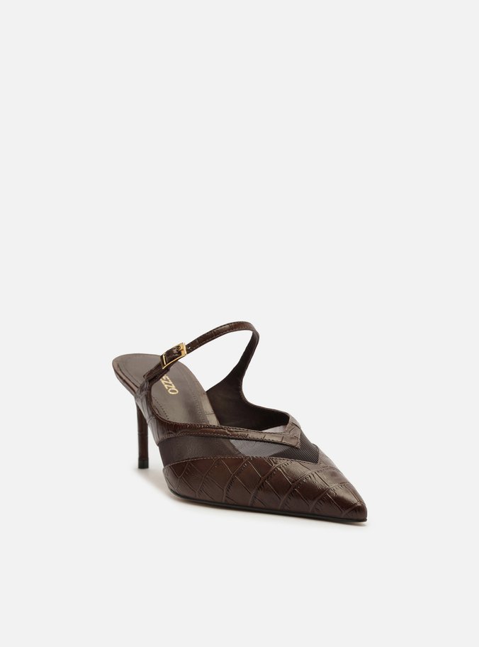 Mule Marrom Croco Salto Médio Fino Tela