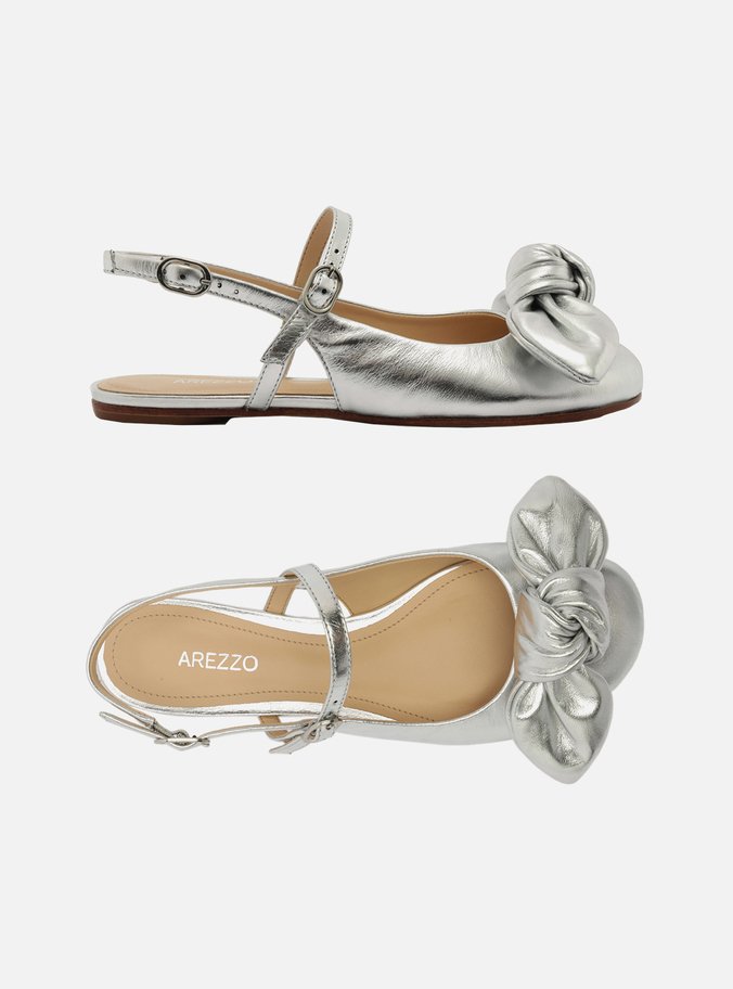 Sapatilha Boneca Prata Couro Slingback Laço