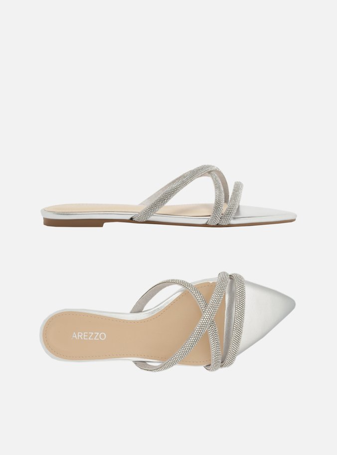 Rasteira Prata Flat Bico Folha Tiras Strass