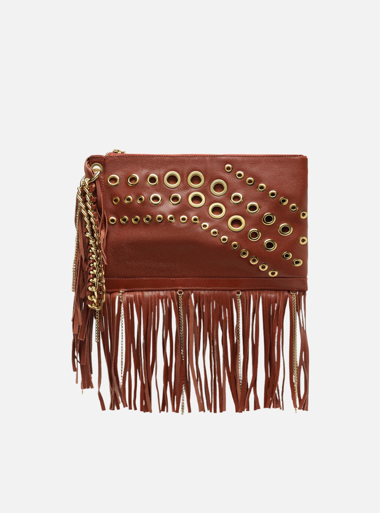 Clutch Laranja Couro Média Franjas Ilhoses — foto 1