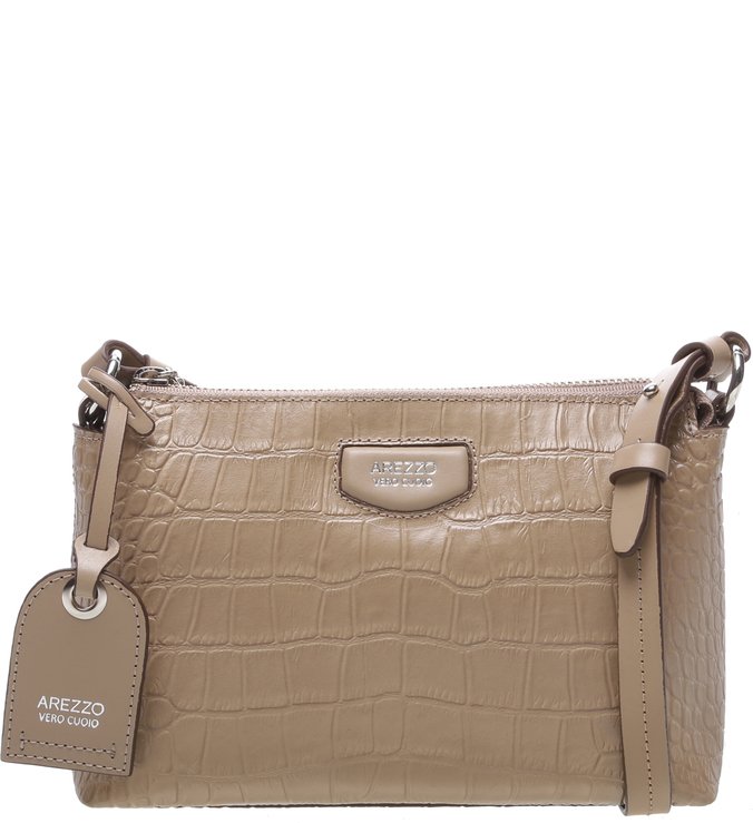 Bolsa Tiracolo Couro Croco Giornata Nero Pequena Taupe Beige