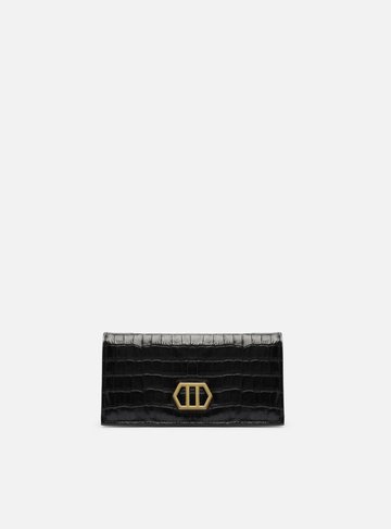 Clutch Preta Couro Croco Pequena Metal