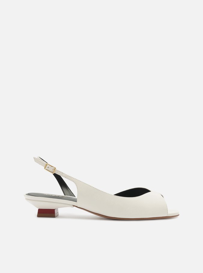 Scarpin Branca Couro Salto Bloco Slingback