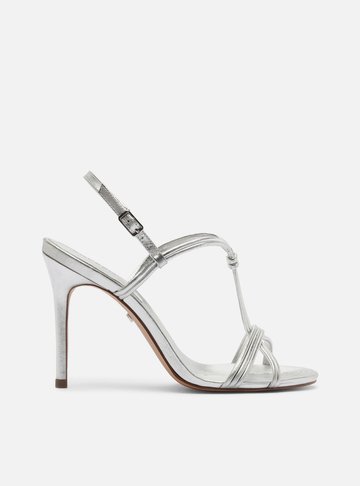 Sandália Prata Salto Alto Fino Tiras Textura