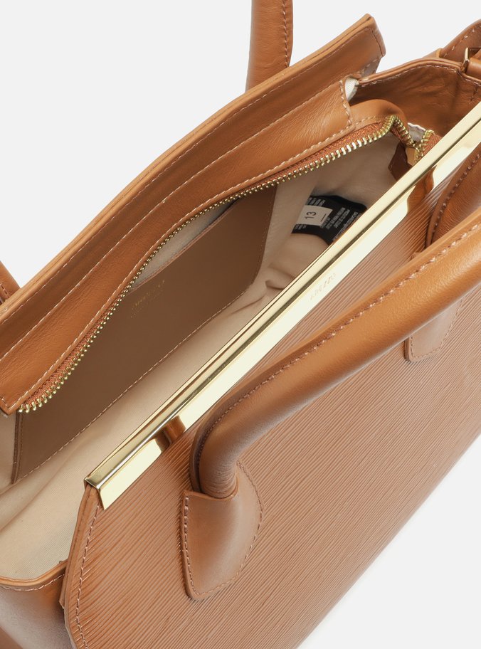Bolsa Tote Marrom Couro Textura Grande Metal