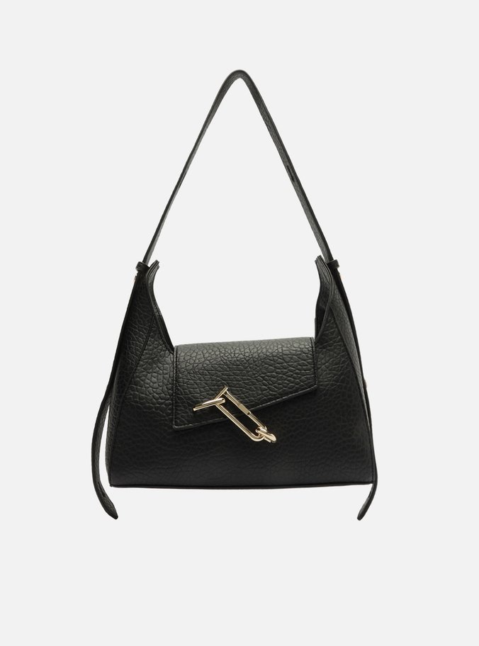 Bolsa Shoulder Preta Média Metais Dourados