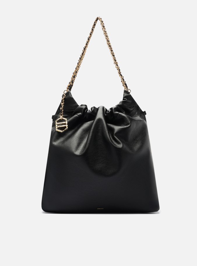 Bolsa Hobo Preta Couro Grande Alça Corrente