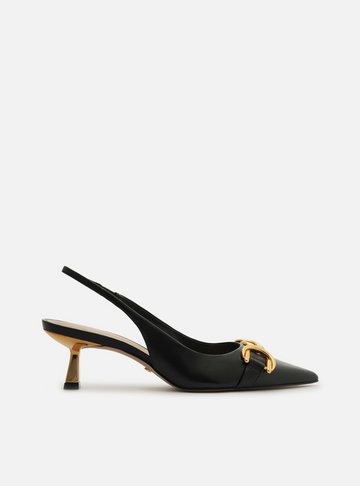 Scarpin Preto Couro Bico Fino Slingback Bridão