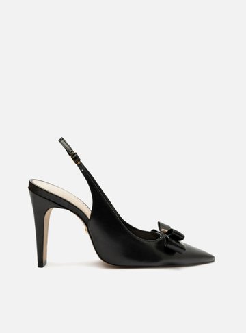 Scarpin Preto Couro Bico Fino Slingback Laço