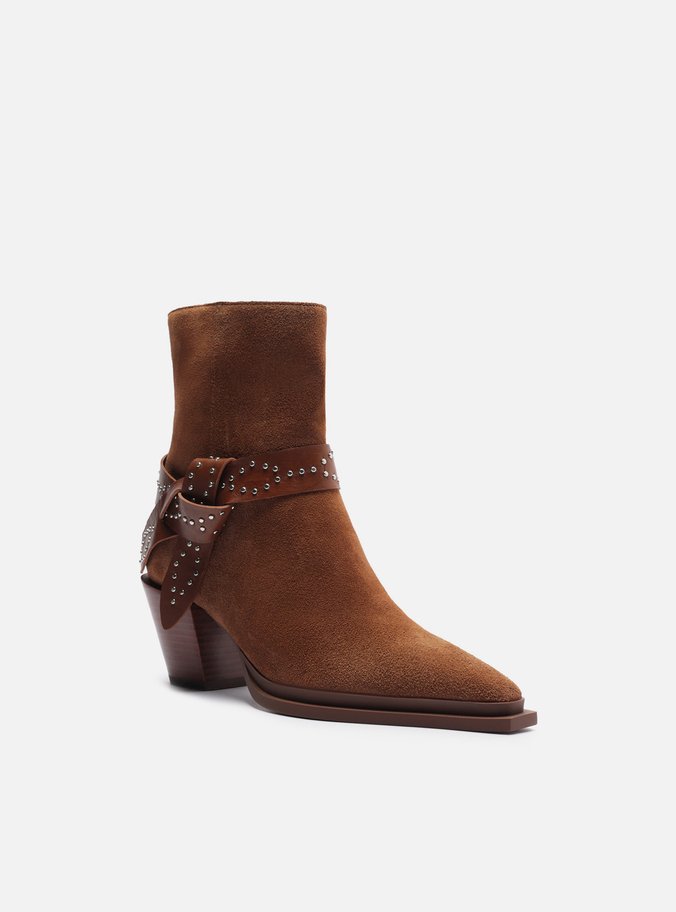 Bota Marrom Suede Salto Bloco Laço Rebites