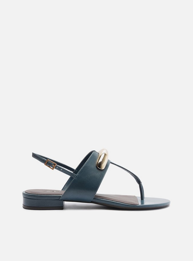 Sandália Rasteira Azul Couro Metal