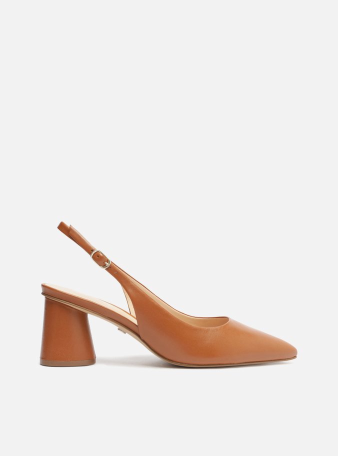 Scarpin Marrom Couro Salto Geométrico Slingback
