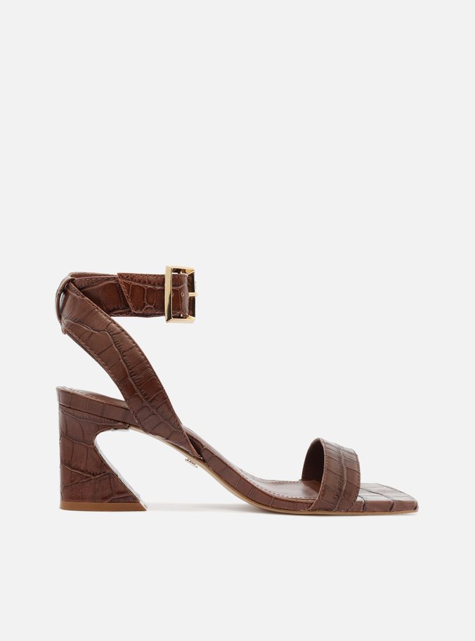 Sandália Marrom Croco Salto Flare Bico Quadrado