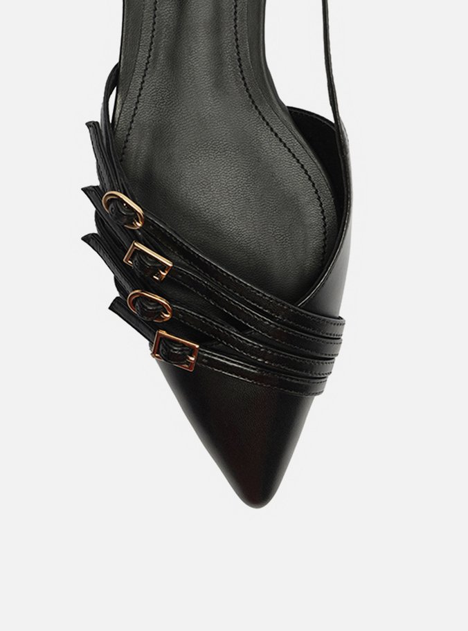 Sapatilha Preta Couro Slingback Tiras Fivelas