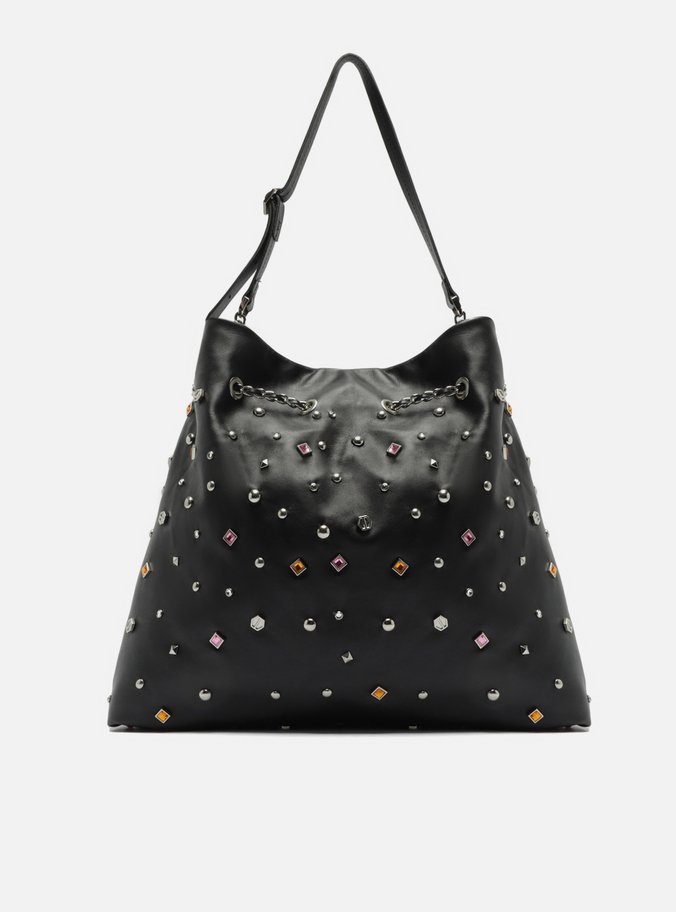 Bolsa Hobo Preta Couro Grande Pedrarias Corrente
