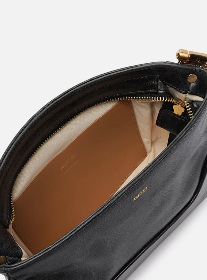 Bolsa Tiracolo Preta Couro Natural Pequena Metais