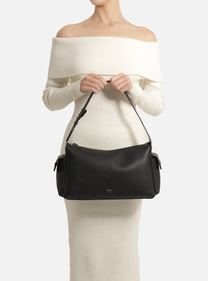 Bolsa Hobo Preta Texturizada Grande Bolsos Laterais