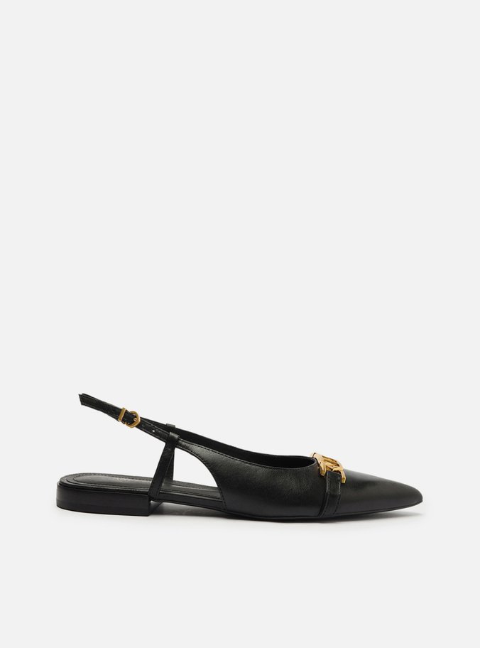 Sapatilha Preta Couro Bico Fino Slingback Metal