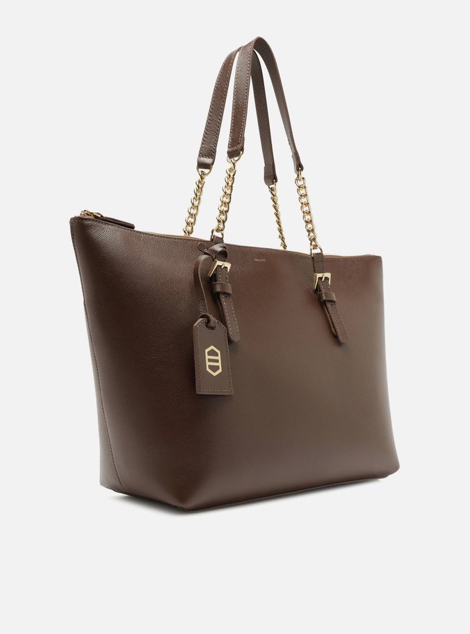 Bolsa Shopping Marrom Couro Grande Alça Corrente