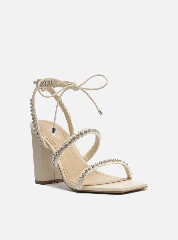 Sandália Off-White Salto Alto Bloco Strass Mykonos