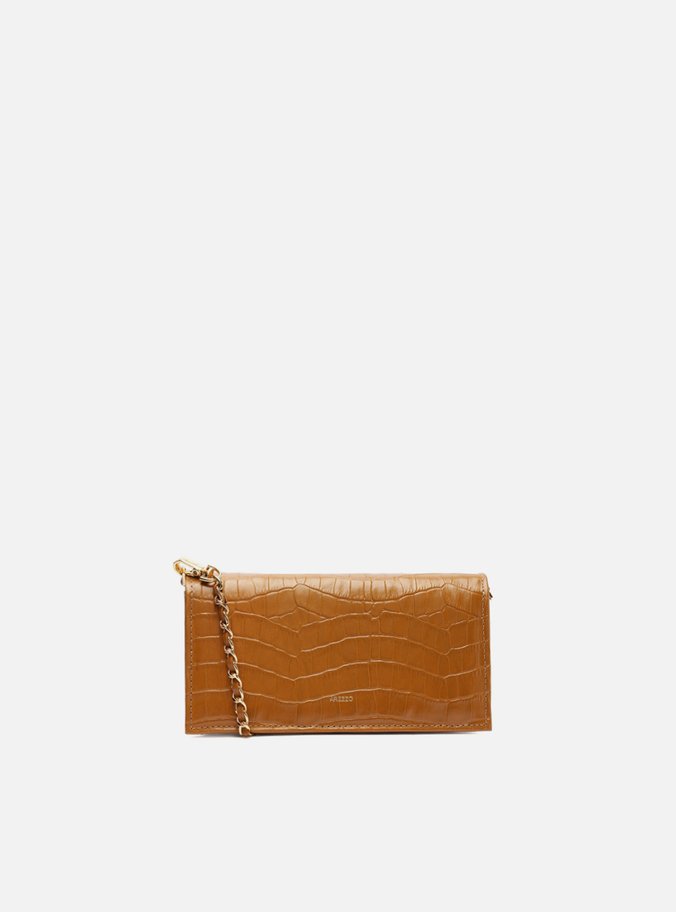 Clutch Marrom Couro Croco Pequena Metal