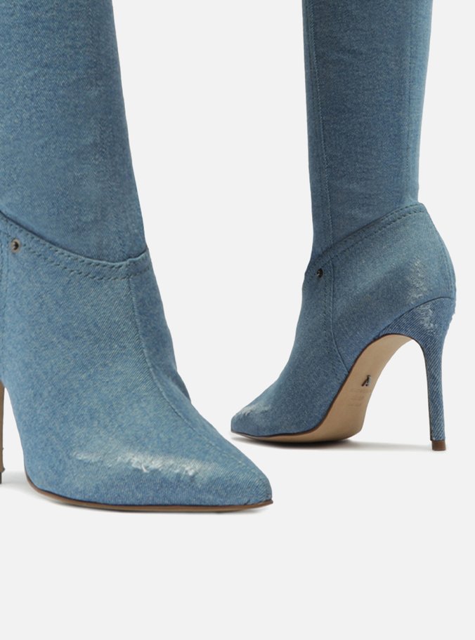 Bota Over The Knee Azul Denim Bico Fino Ivy