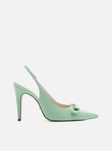 Scarpin Verde Couro Bico Fino Slingback Laço
