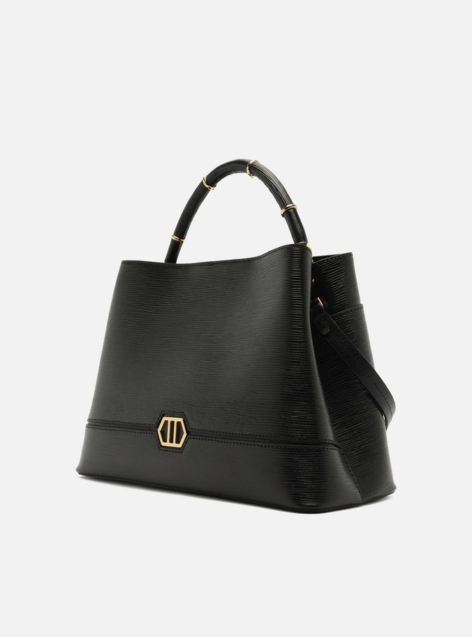 Bolsa Tote Preta Couro Grande Anéis
