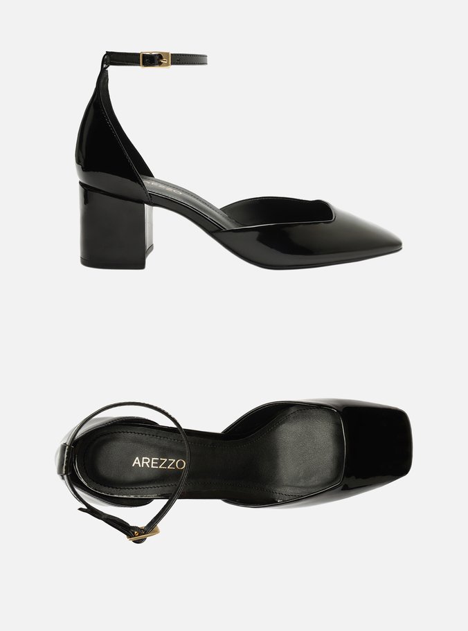 Scarpin Preto Verniz Salto Bloco Bico Quadrado