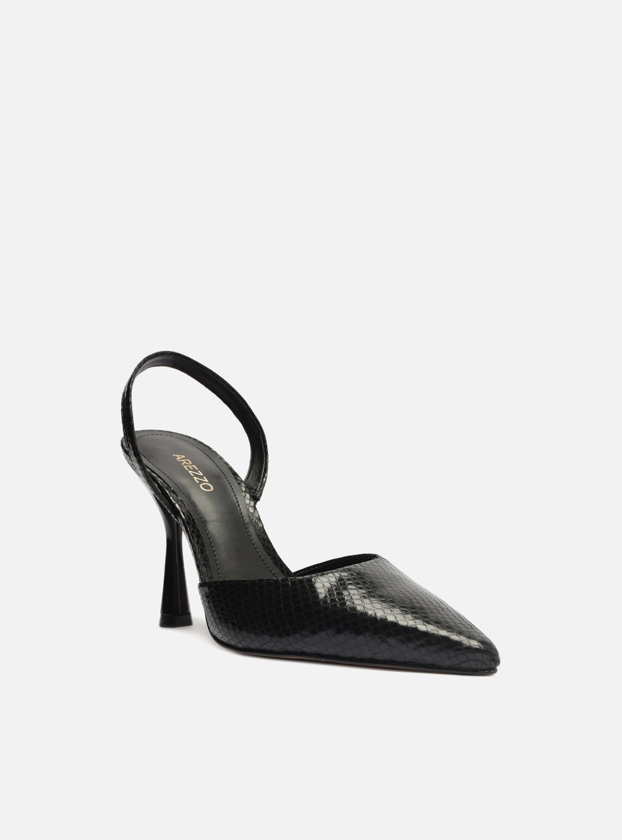 Scarpin Preto Snake Bico Fino Aberto Tira — foto 2