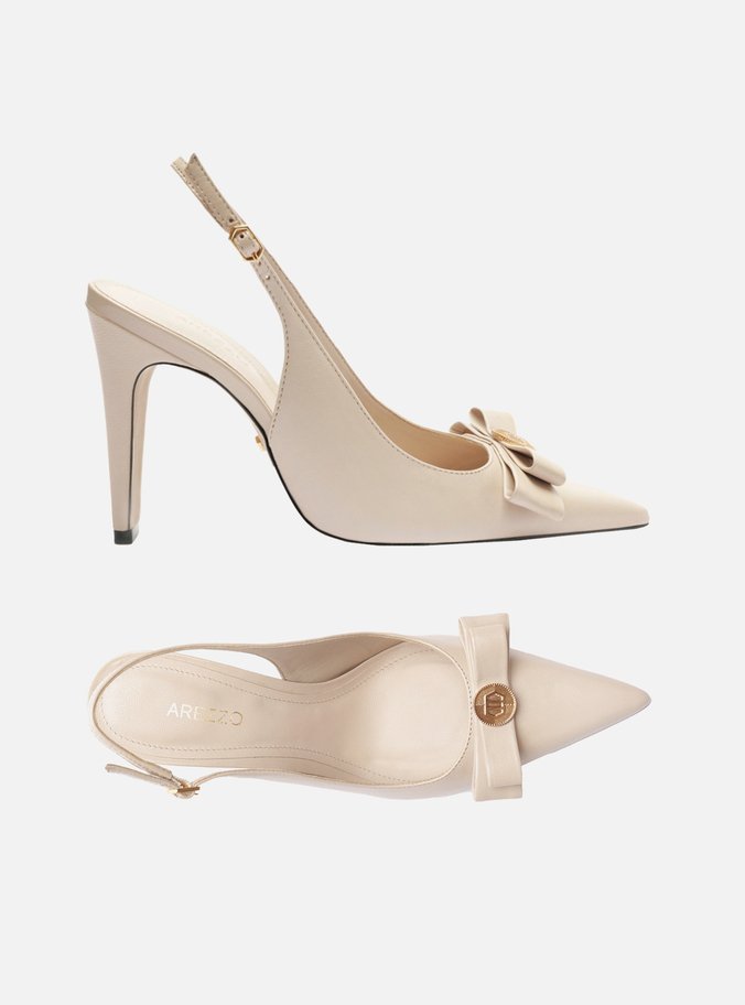 Scarpin Branco Couro Bico Fino Slingback Laço
