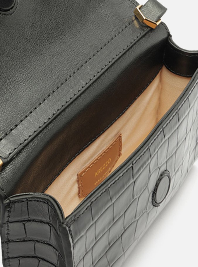 Bolsa Tiracolo Preta Couro Croco Pequena Ganchos