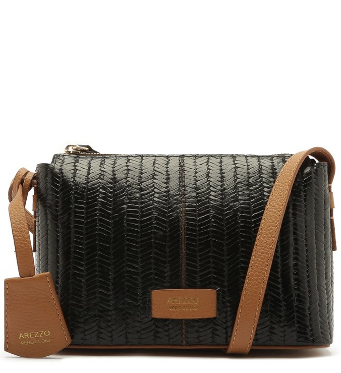 Bolsa Tiracolo Pequena Guta Couro Tressê Preto e Natural Wood