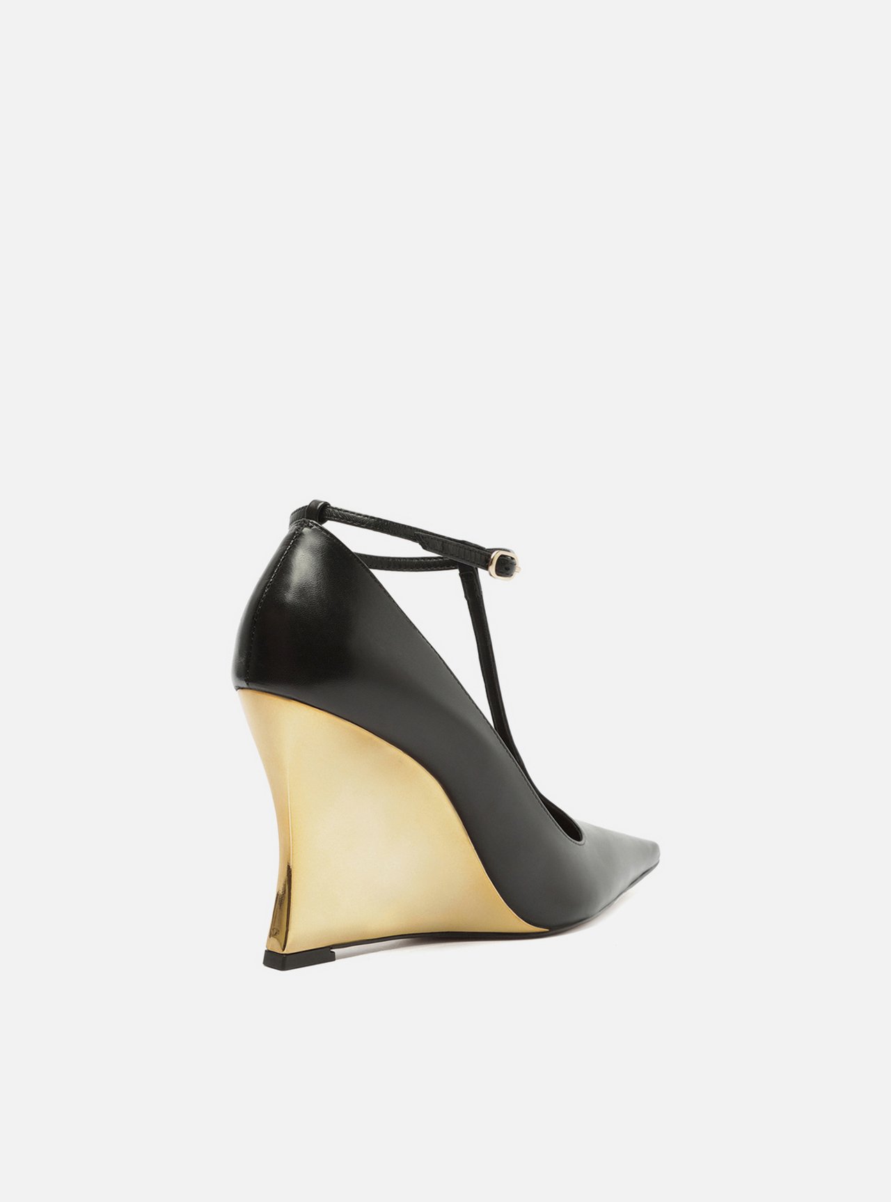 Scarpin Preto Couro Salto Anabela Dourado Tira — foto 4